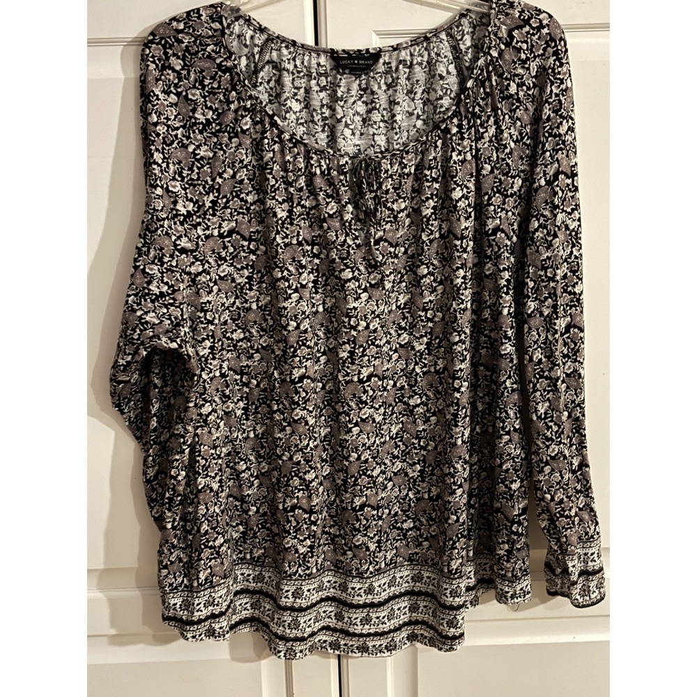 Lucky Brand Womens Black White Floral Paisley Cotton Modal Peasant Top Blouse 2X
